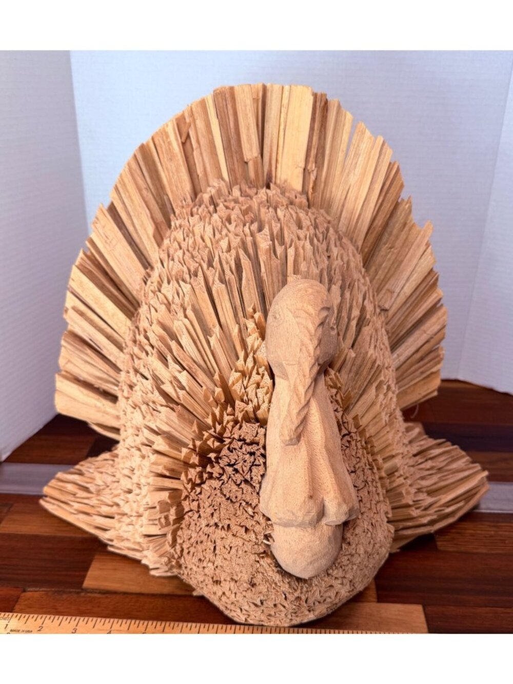 Vintage Folk Art Handcrafted Corn Husk & Wood Turkey Figurine – 15" Heavy Textur